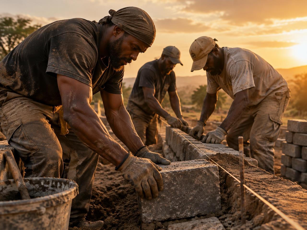Men laying stone blocks for a foundation