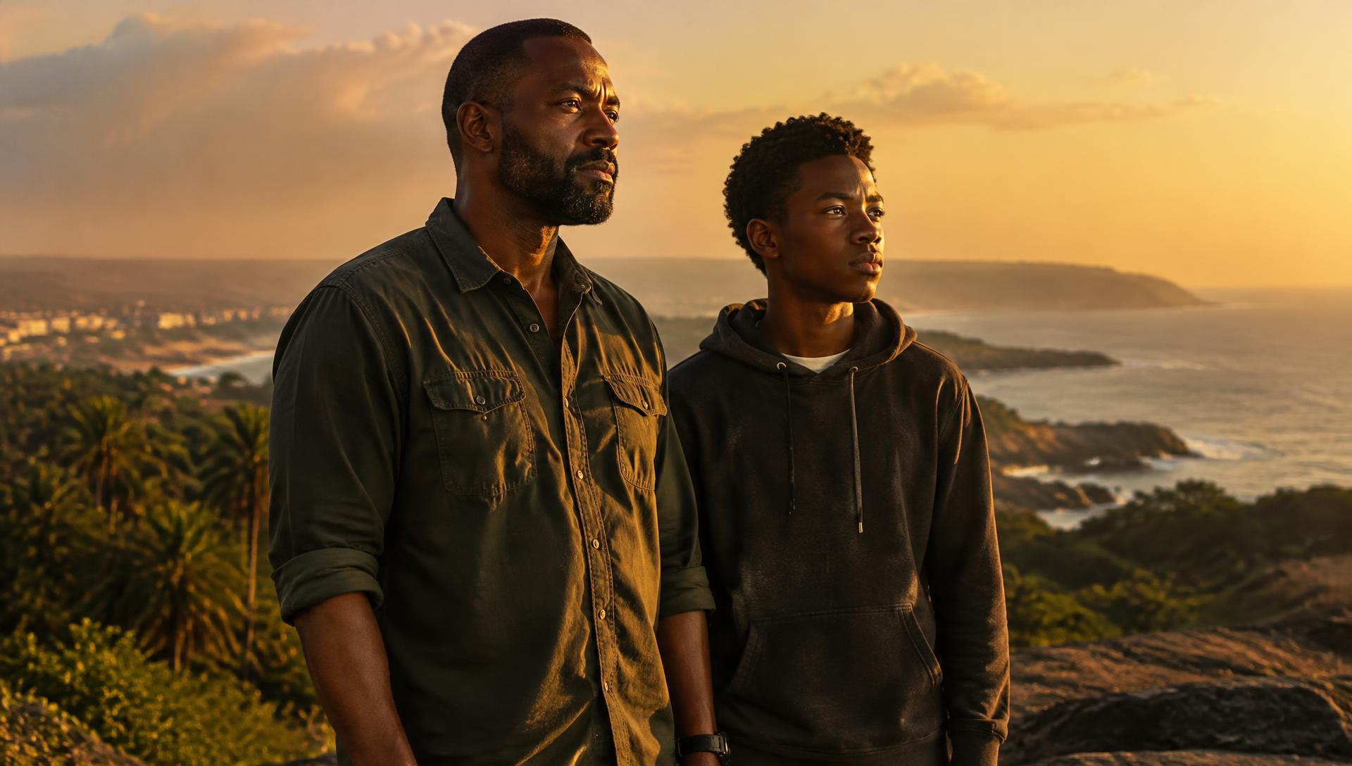 A father and his son looking out over a West African coastline at sunset